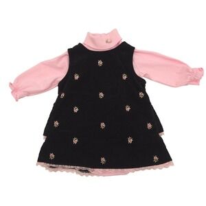 Vintage Little Bitty Dress Set Black Pink Corduroy Floral Embroidered 3-6 Months